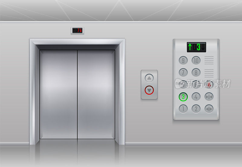 1911. m30.i030.n020.p.c25.1484835944现实的电梯。客货电梯或指示器的金属舱门关闭、开启和半关闭。矢量内部与金属门